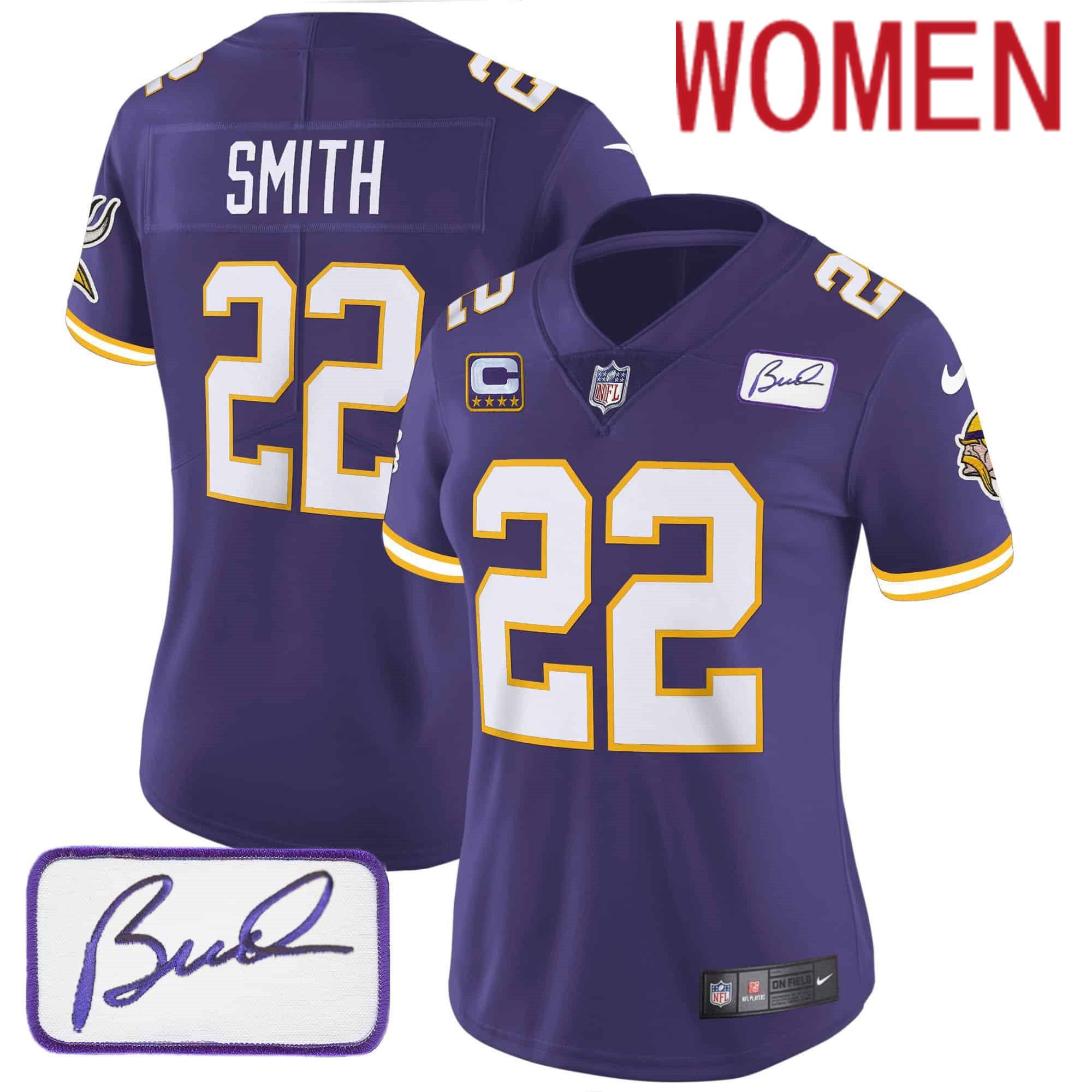 Women Minnesota Vikings #22 Smith Purple 2024 Nike Bud Grant Patch Classic Limited NFL Jersey style 3